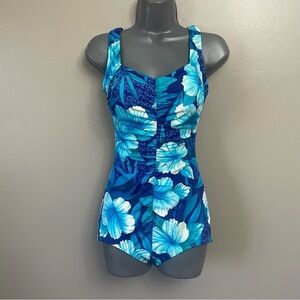 Maxine of Hollywood swimsuit blue floral tropical beach vacation resort